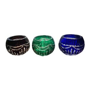 Vintage Bohemian Cut to Clear Crystal Votive Candle Holders Set of 3 Jewel Tones